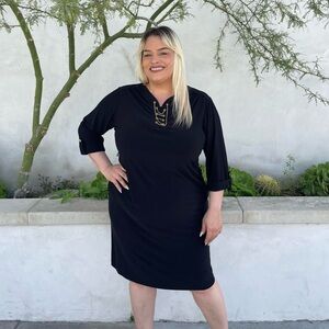 Roaman’s black midi cocktail dress with gold accents size 18w